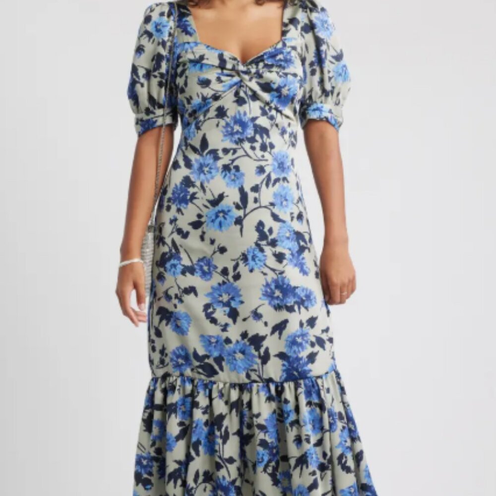 Chelsea28 Twist Front Puff Sleeve Satin Midi Dress